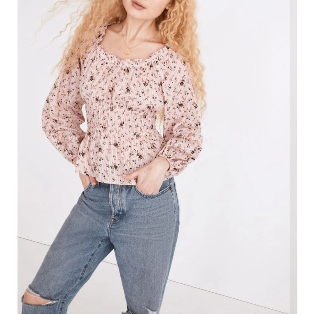 Women's Madewell Pink Floral Shirred Long Sleeve Blouse M